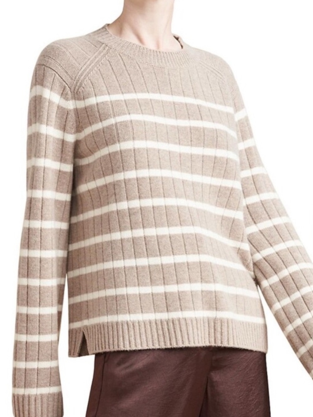 La Ligne Rocco Taupe and White Striped Crewneck Sweater cashmere wool